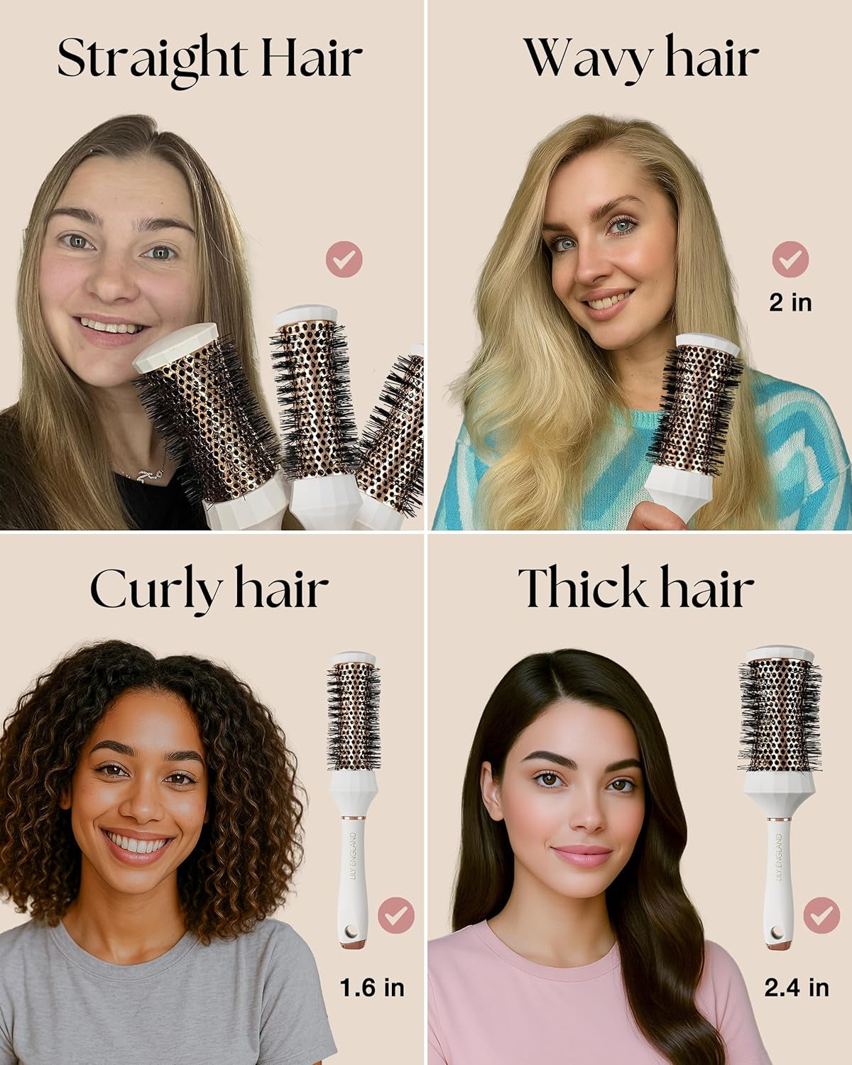 Professional Round Hair Brush Set - 4 Piece Blow Dry Kit with 3 Round Brushes & Styling Comb - Perfect Beauty Gift for Women