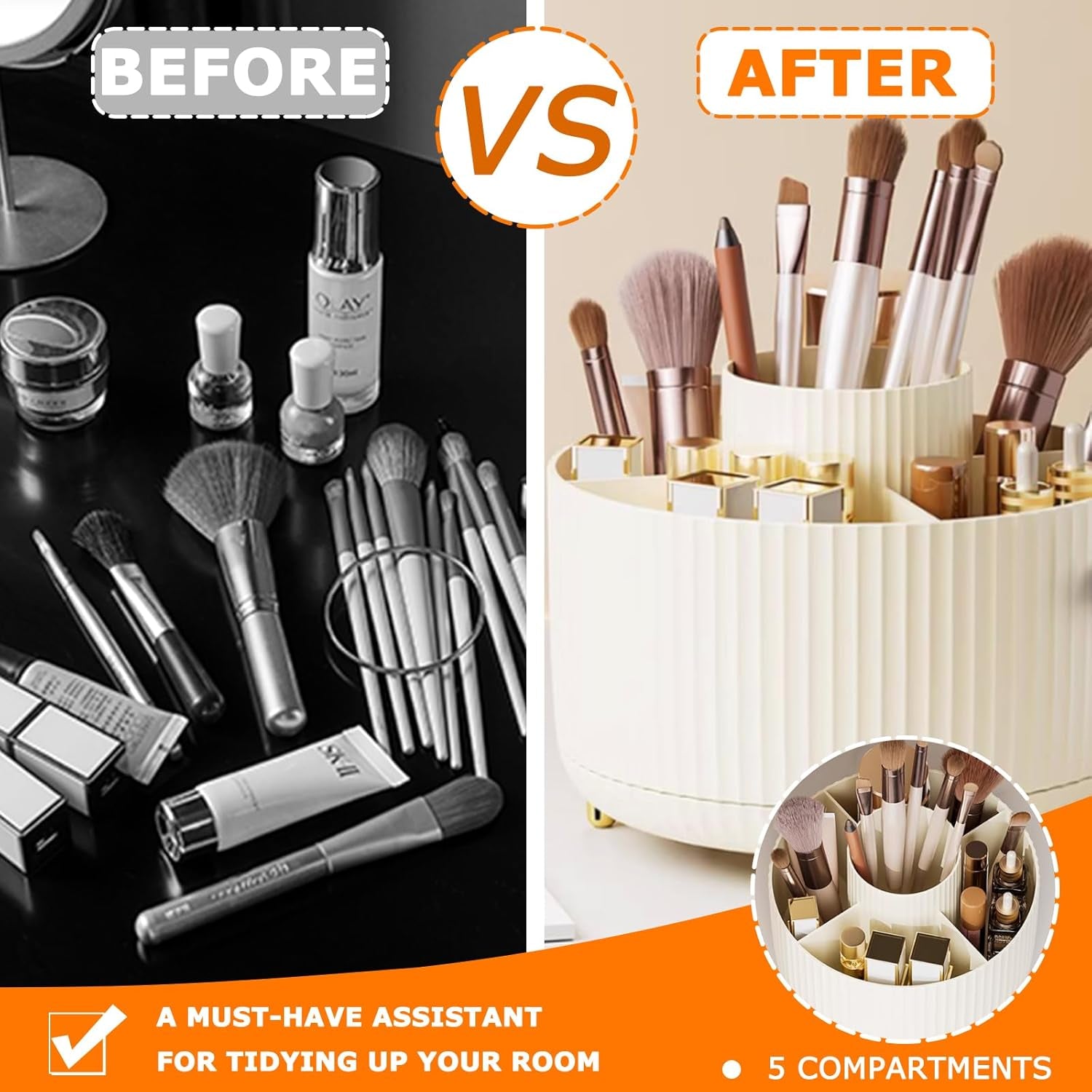 360° Rotating Makeup Organizer - Stylish 5-Compartment Brush Holder for Vanity, Desk & Office (White)