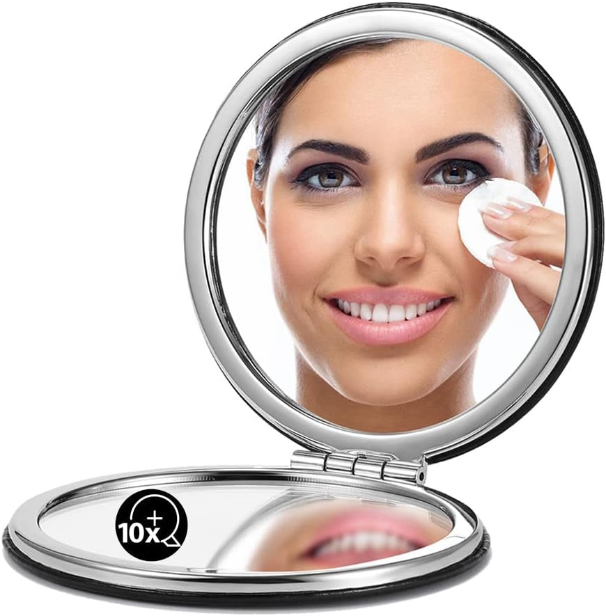 Ultra-Portable Compact Mirror with 1X/10X Magnification - Stylish Round Design in Classic Black, Perfect for Purses and Travel