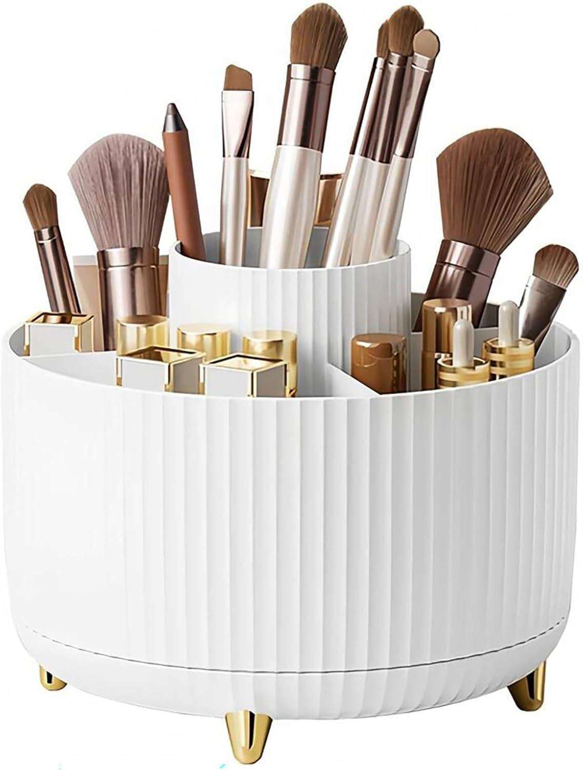 360° Rotating Makeup Organizer - Stylish 5-Compartment Brush Holder for Vanity, Desk & Office (White)
