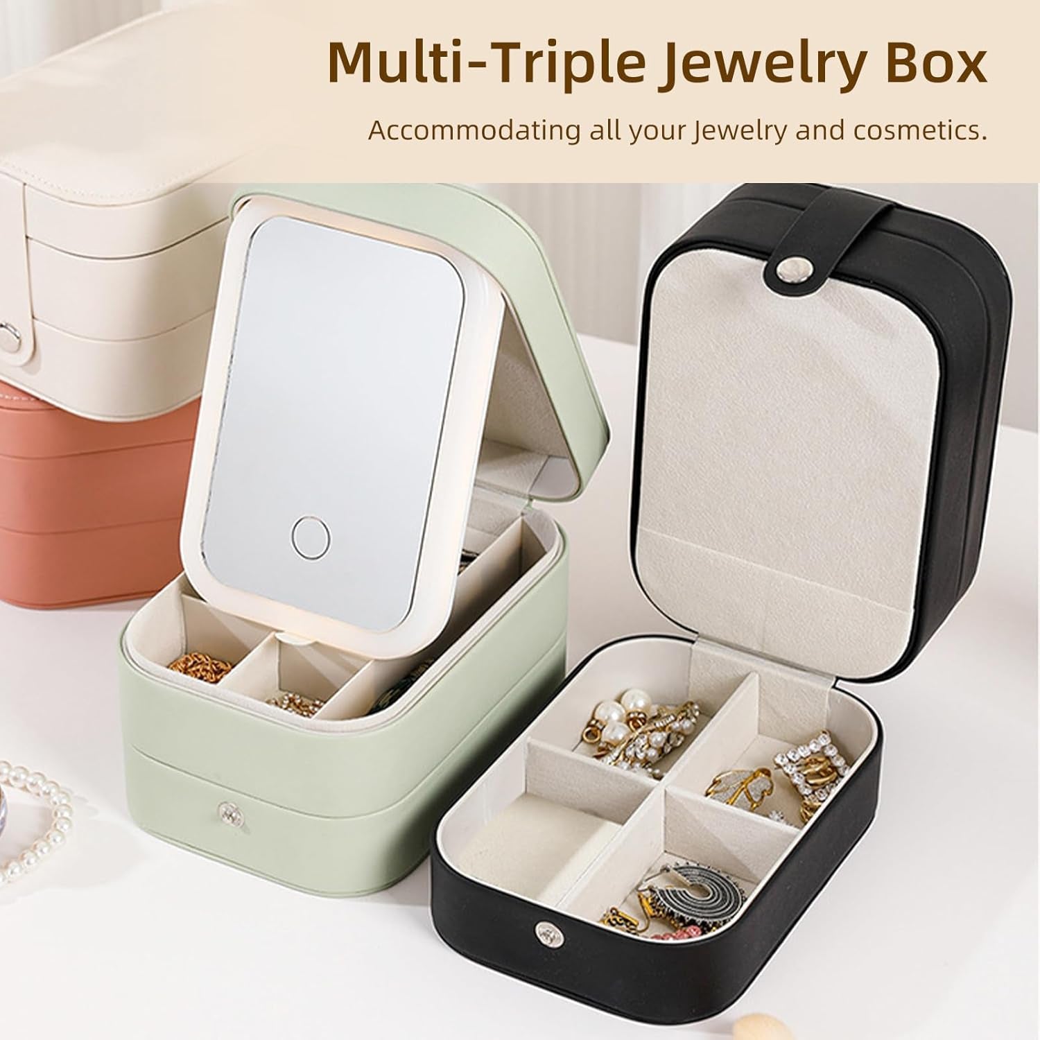 3-Layer Travel Makeup Bag with LED Illuminated Mirror - Stylish Portable Organizer for Cosmetics and Jewelry in White