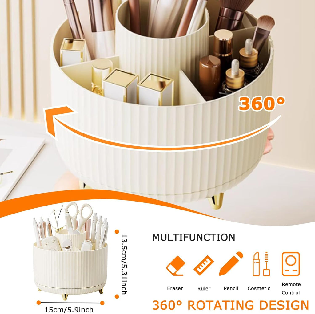 360° Rotating Makeup Organizer - Stylish 5-Compartment Brush Holder for Vanity, Desk & Office (White)