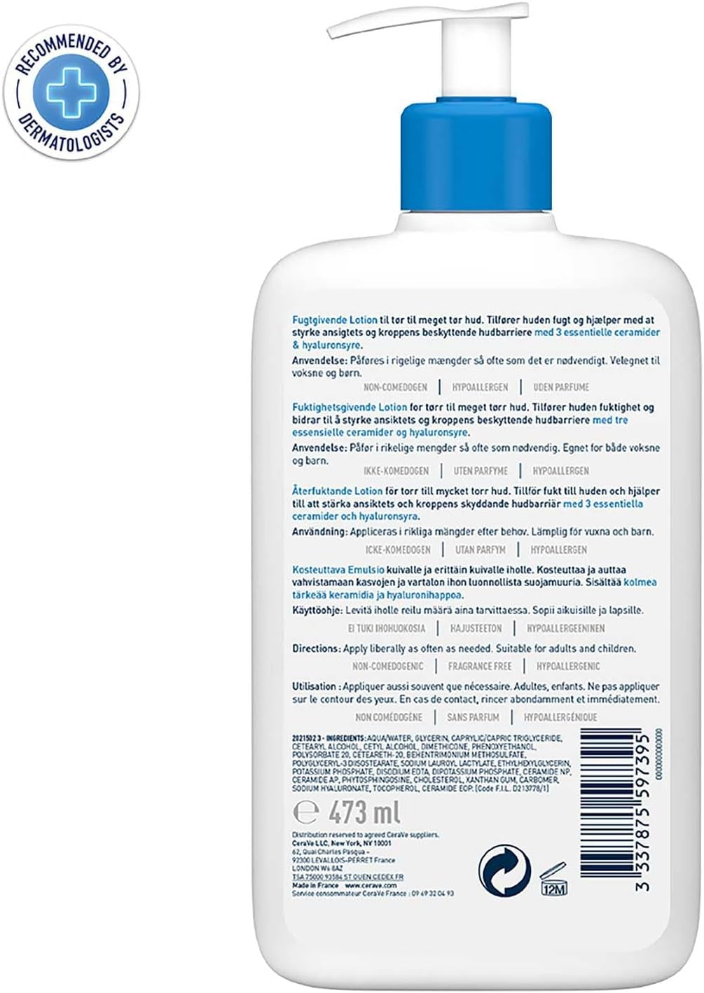Moisturising Lotion - Hydrating Daily Face & Body Moisturiser with 3 Essential Ceramides & Hyaluronic Acid for Dry to Very Dry Skin - 473ml/16oz