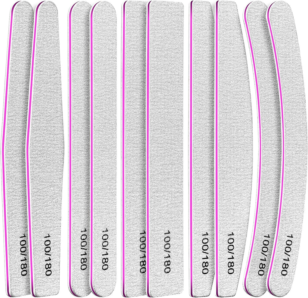 10-Piece Nail File Set - Versatile 5 Shapes for Acrylic & Gel Nails, 100/180 Grit Emery Boards & Buffers