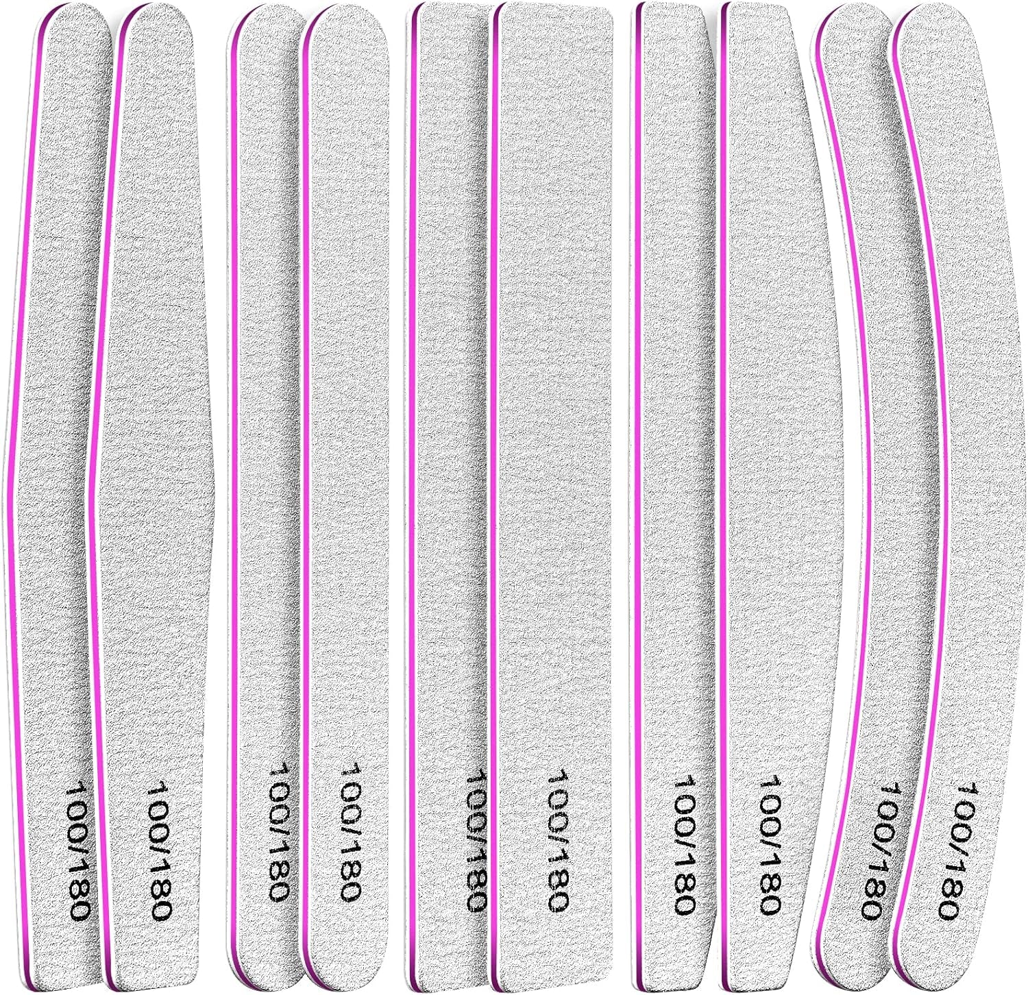 10-Piece Nail File Set - Versatile 5 Shapes for Acrylic & Gel Nails, 100/180 Grit Emery Boards & Buffers