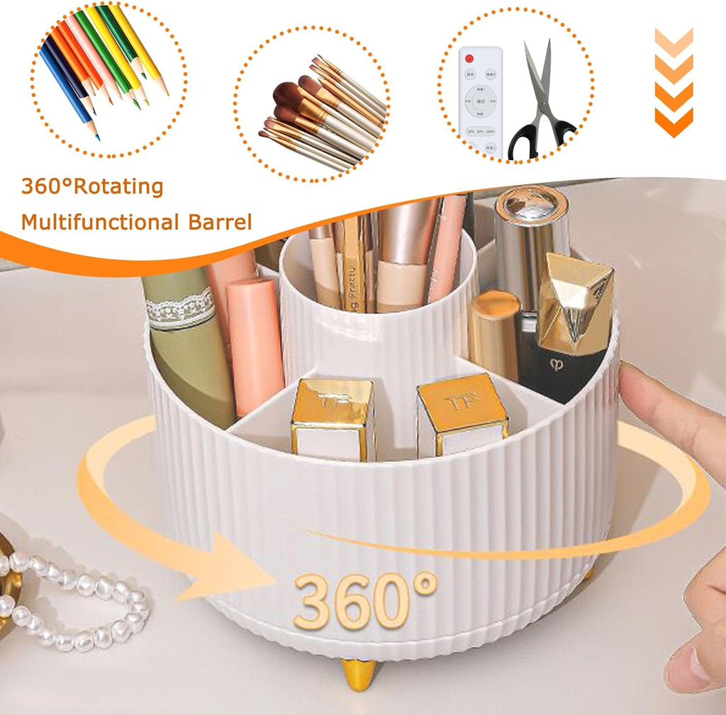 360° Rotating Makeup Organizer - Stylish 5-Compartment Brush Holder for Vanity, Desk & Office (White)