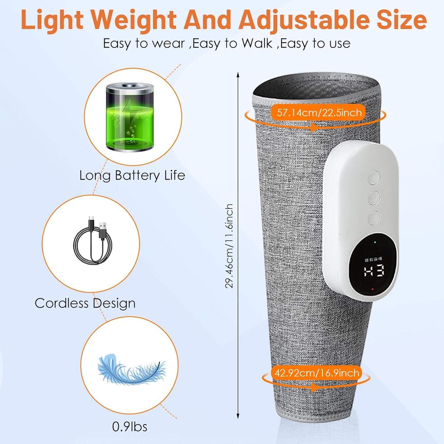 Premium Leg Massager for Calf Relief and Enhanced Circulation with Heat, Three Intensity Levels, Adjustable Fit, and Rechargeable Design - Gray