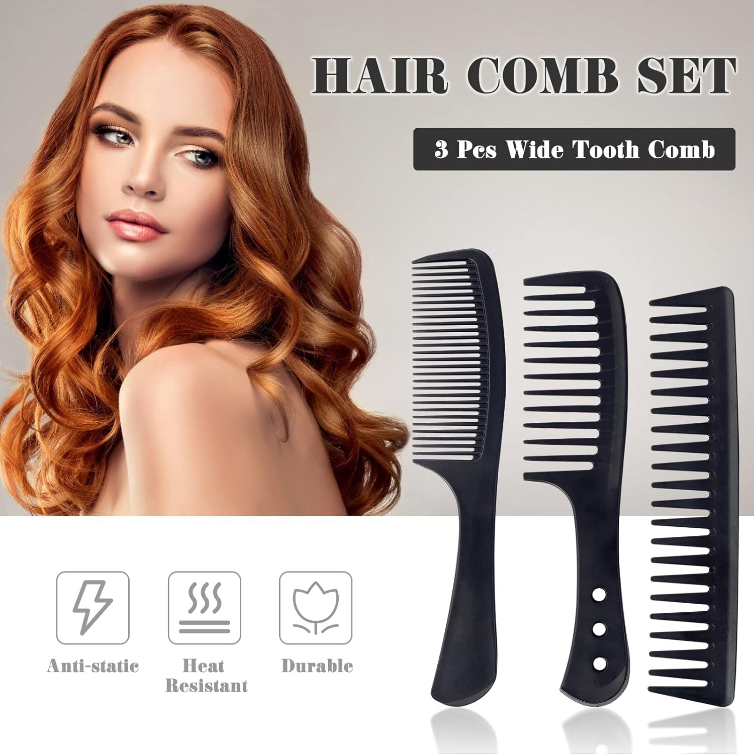 3-Piece Wide Tooth Carbon Fiber Comb Set – Heat Resistant & Anti-Static for All Hair Types